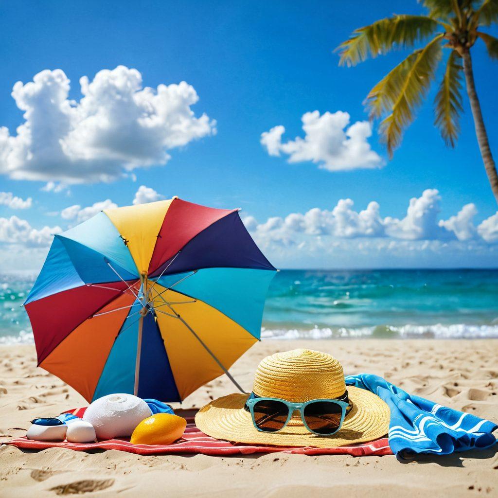 A vibrant beach scene featuring a stylish beach umbrella, colorful beach towels, and a chic sun hat on the sand. Include a pair of trendy sunglasses and a fashionable beach bag filled with summer essentials. The background should showcase a bright blue ocean and a sunny sky with a few fluffy clouds. Highlight warm, summery colors to evoke a fun and relaxing vibe. super-realistic. vibrant colors. 3D.