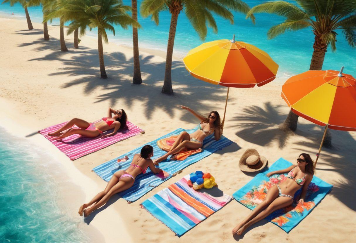 A vibrant beach scene showcasing an array of women in trendy bikinis, lounging under bright umbrellas, and splashing in the crystal-clear water. Include a backdrop of palm trees, sun-soaked sands, and colorful beach towels. The mood should be sunny and lively, capturing the essence of summer fun. super-realistic. vibrant colors. 3D.